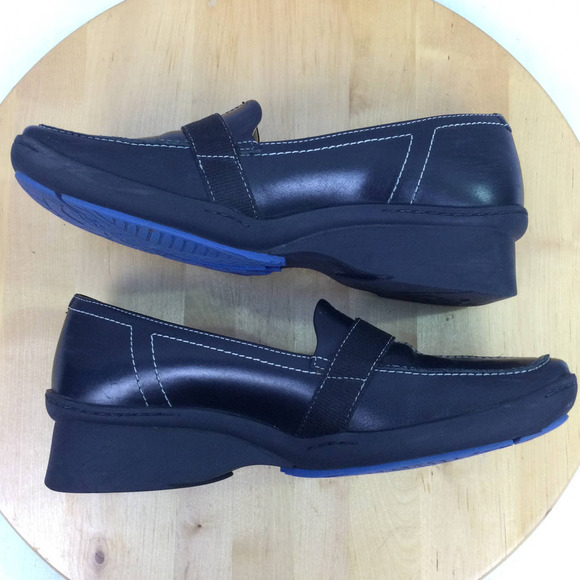 Indigo Women's Leather White Stitch Square Toe Buckle Slip On Wedge Loafer 7M - Picture 9 of 16